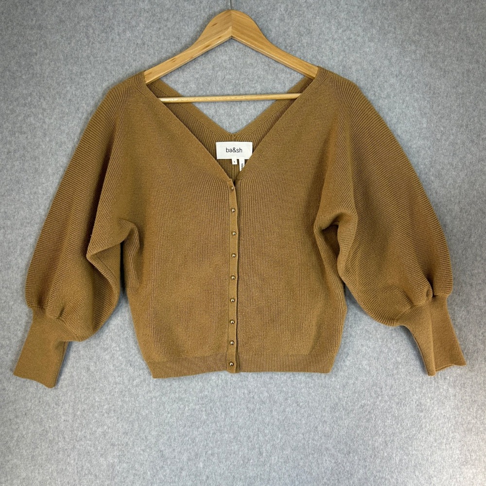 ba&sh Small Lady‎ Cardigan Sweater Camel Brown V-Neck Puff Sleeve Cotton Wool
